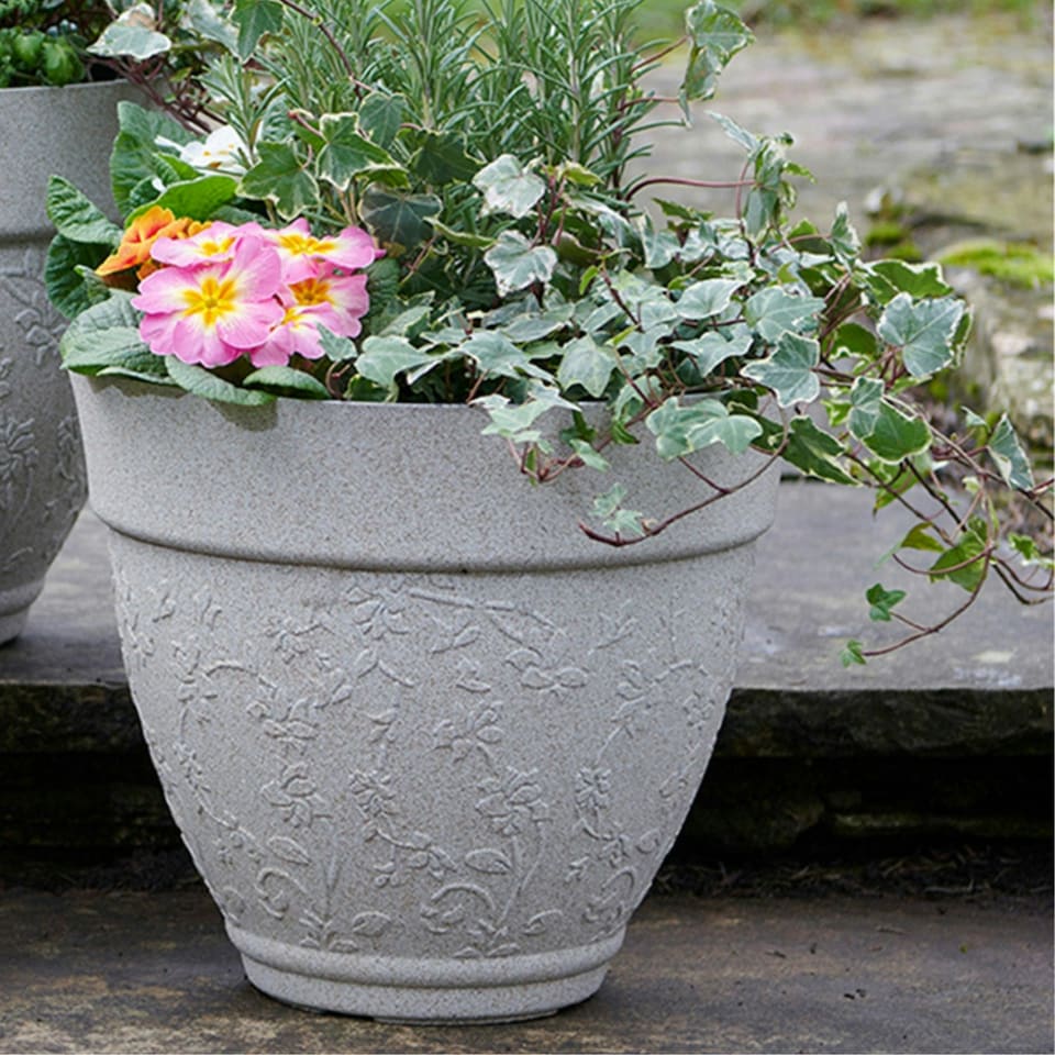 image 1 of Pack of 3 Floral Design Planters in Sandstone Finish | Cream