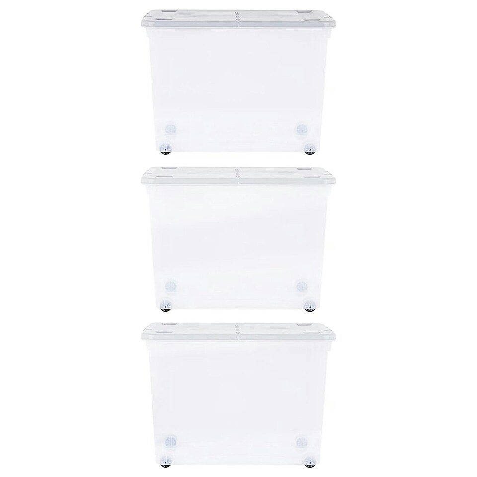 image 1 of 1 x 45 Litre Strong Stackable Home Office Folding Split Lid Storage Container With Wheels Clear
