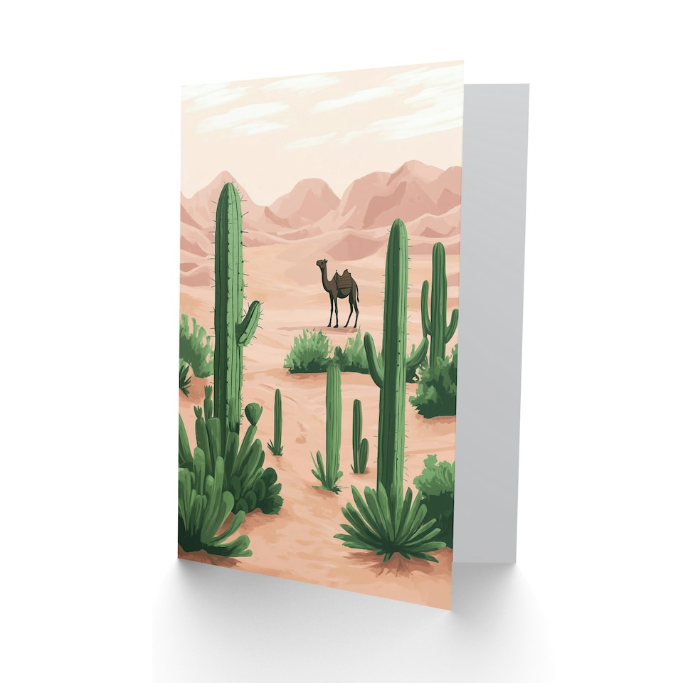 image 1 of Camel in Pastel Pink Desert Sand Dunes and Cacti Birthday Greeting Card