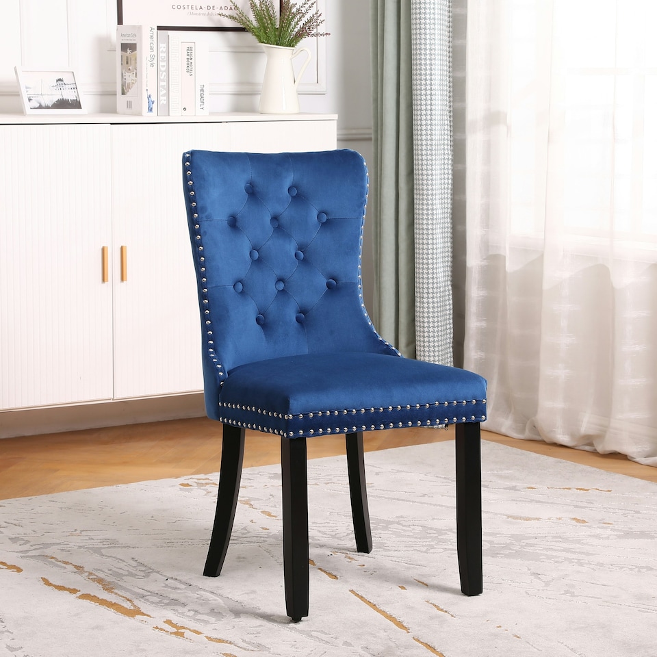 image 1 of Blue Set of Four Studded Velvet Dining Chair with Ring Knocker Detail Blue