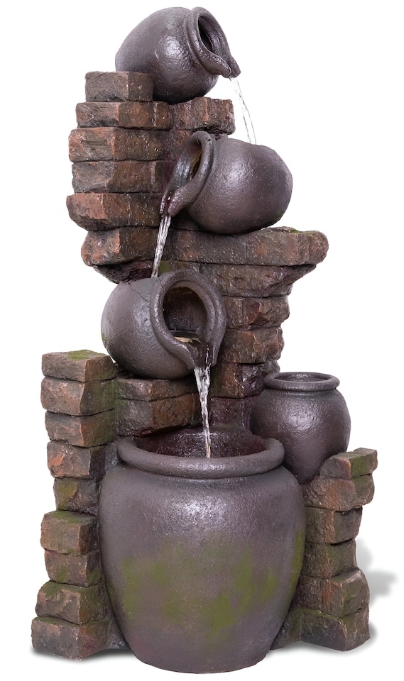 image 1 of York 3-Tier Cascading Jars Garden Outdoor Water Feature Fountain & Planter with Lights H120cm