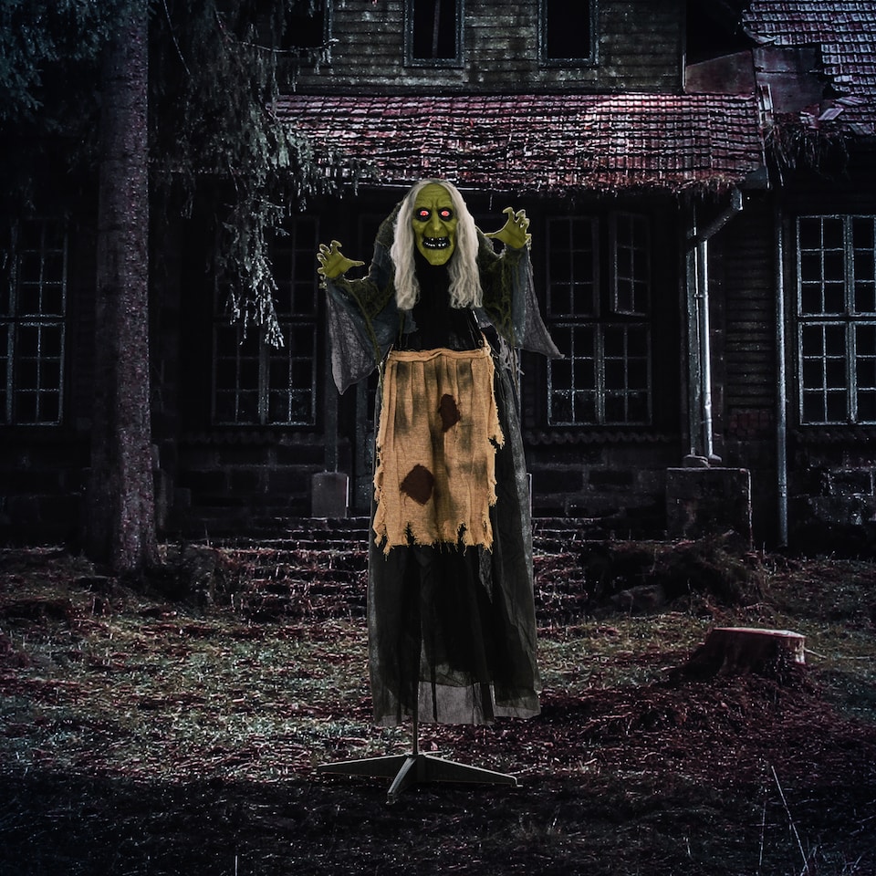 image 1 of HOMCOM 160cm 63 Witch Outdoor Halloween Decoration, Halloween Animatronic with Sound Activated, Light Up Eyes, Sound Effects, Animated Prop for Haunted House