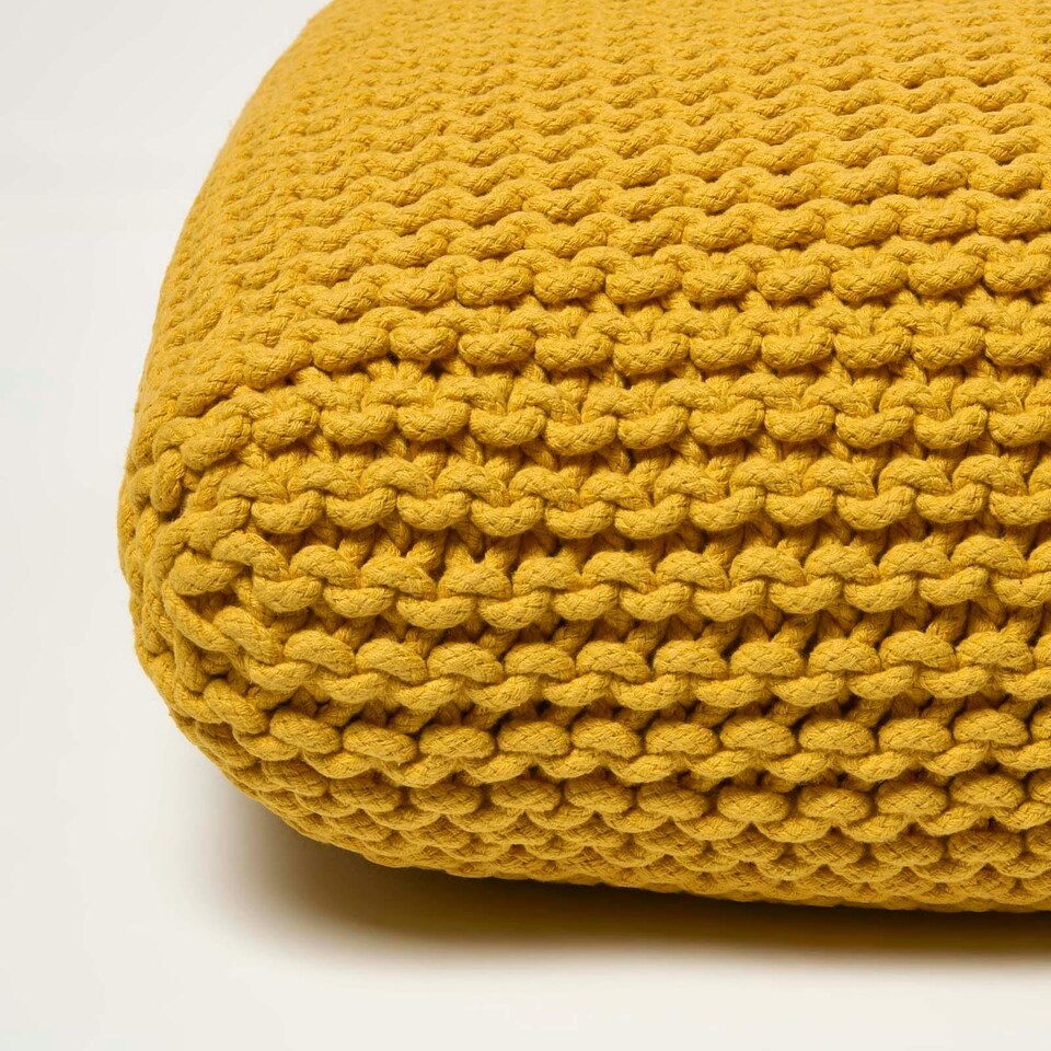image 1 of Homescapes Yellow Square Cotton Knitted Pouffe Floor Cushion | Yellow | 70 x 20 cm