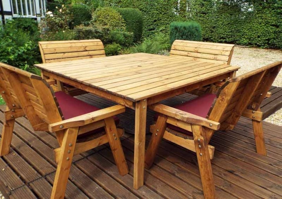 image 1 of Eight Seater Square Table Set with Cushion - W250 x D250 x H98 - Fully Assembled - Burgundy