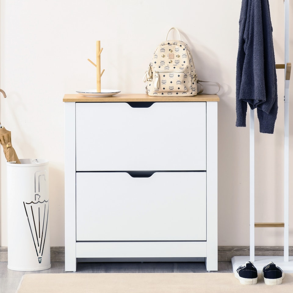 image 1 of HOMCOM 12-Shoe Storage Cabinet 4 Shelves 2 Drawers Tabletop 4 Legs Modern White