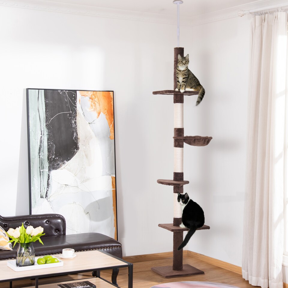 image 1 of PawHut Floor to Ceiling Cat Tree 5-Tier Climbing Tower Scratching Post
