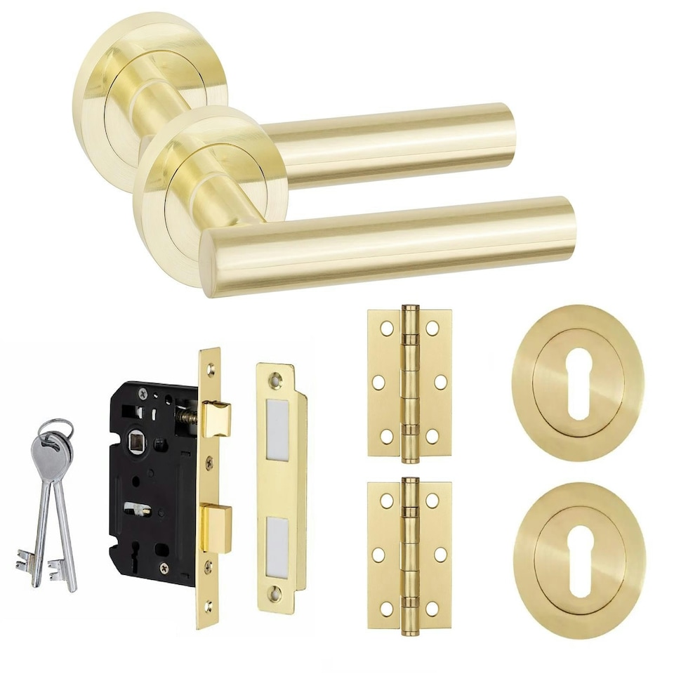 image 1 of Golden Grace Straight T-Bar Key Lock Door Handle Set in Satin Brass with Hinges and Mortise Lock | Gold | 1 Set