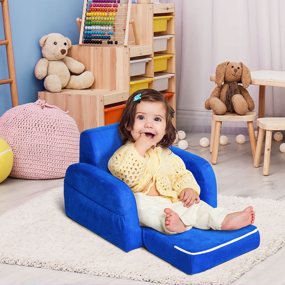 image 1 of HOMCOM 2 In 1 Kids Sofa Chair Bed Folding Couch Flannel Foam for 3-4 years | Blue | One Size
