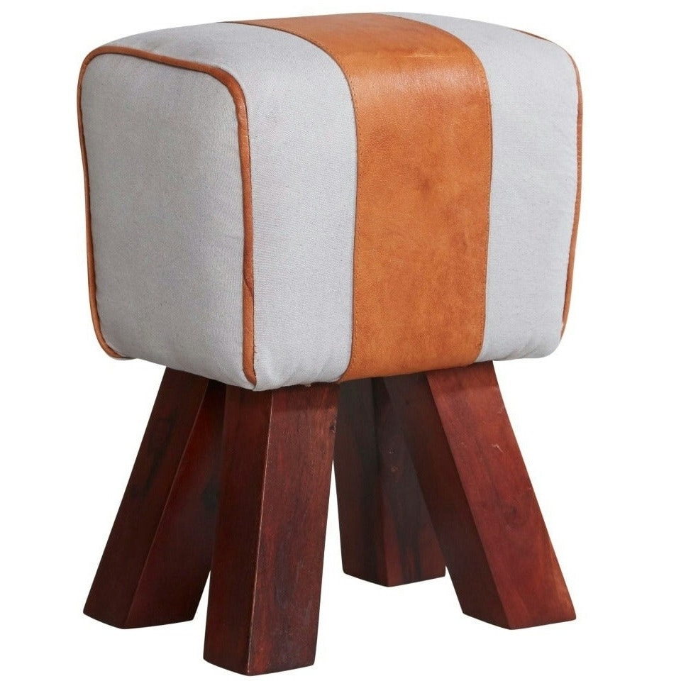 image 1 of Porto Solid Wooden Legs Stool with Canvas and Leather Seat