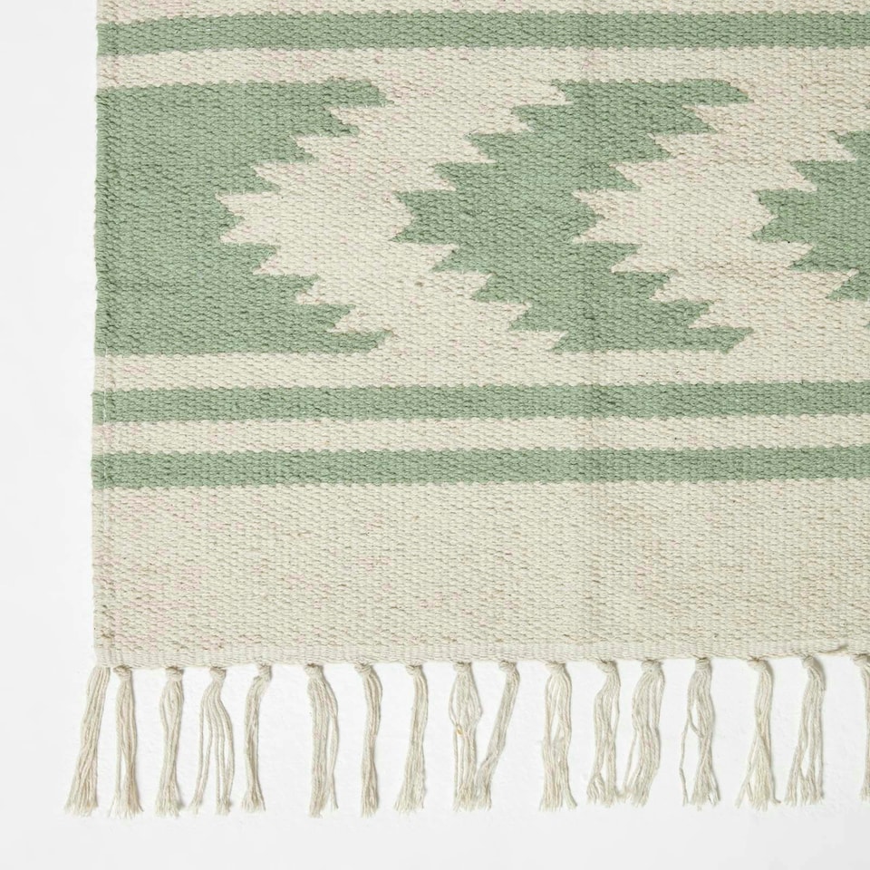 image 1 of Homescapes Turin Green and Natural Kilim Cotton Hallway Runner Rug - 66 x 200 cm