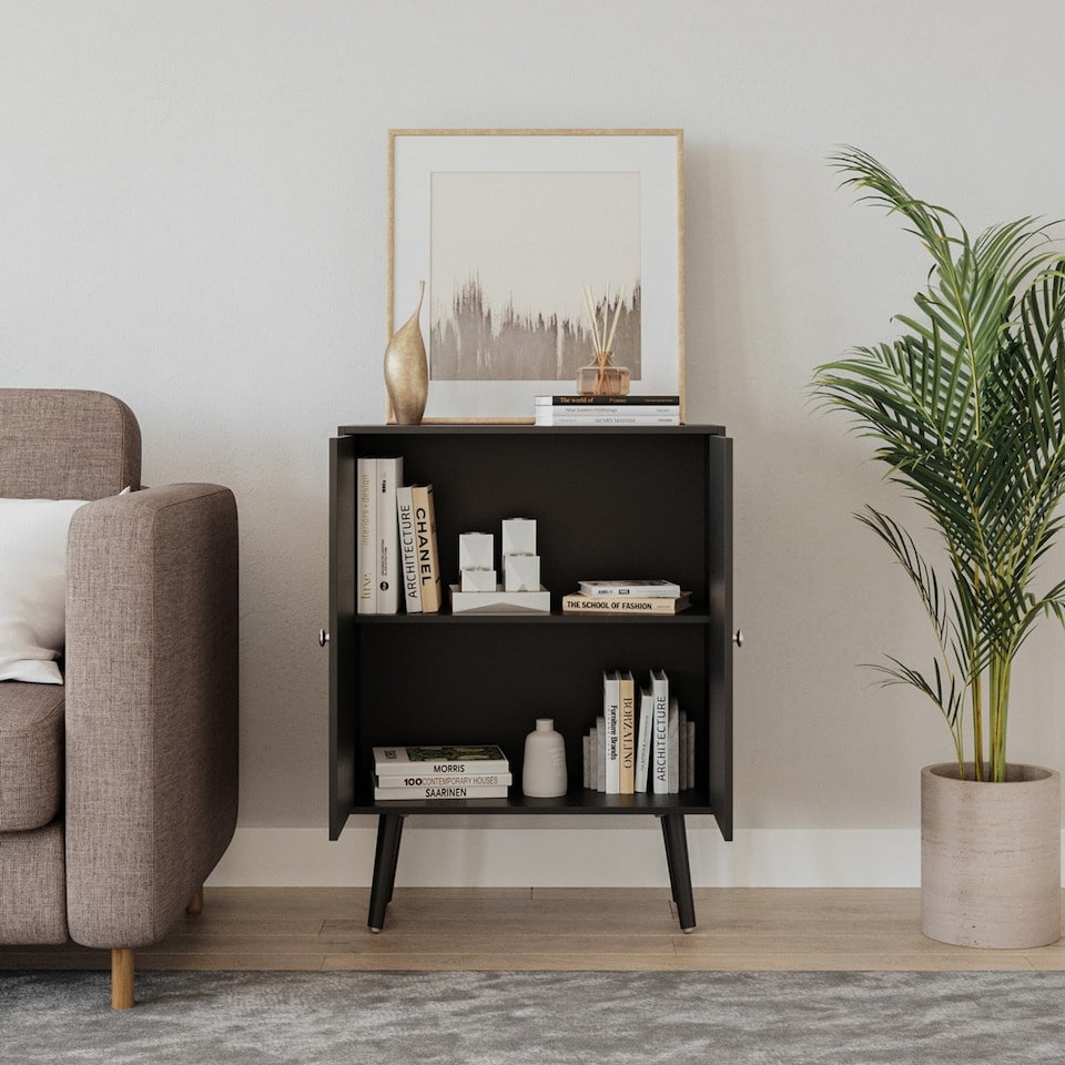 image 1 of Black 60cm 2 Door Living Room Storage Cabinet w/ Shelf and Splayed Legs