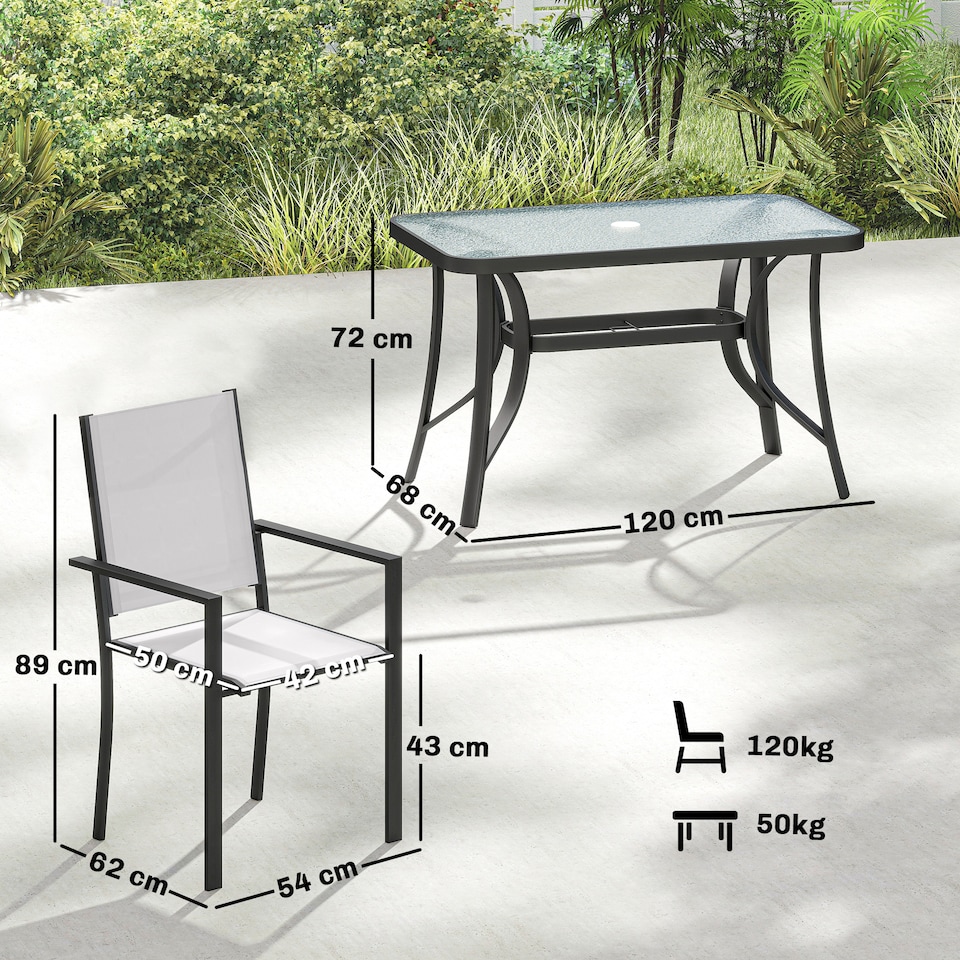 image 1 of Outsunny Garden Dining Set with Umbrella Hole, Stackable Chairs, Light Grey | Grey | Light Grey | Table: 120 x 68 x 72 cm; Chair: 54 x 62 x 89 cm