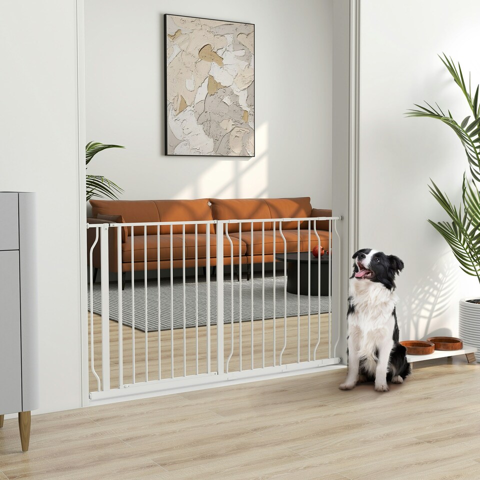 image 1 of PawHut Dog Gate Wide Stair Gate w/ Door Pressure Fit, 75-145W cm, White