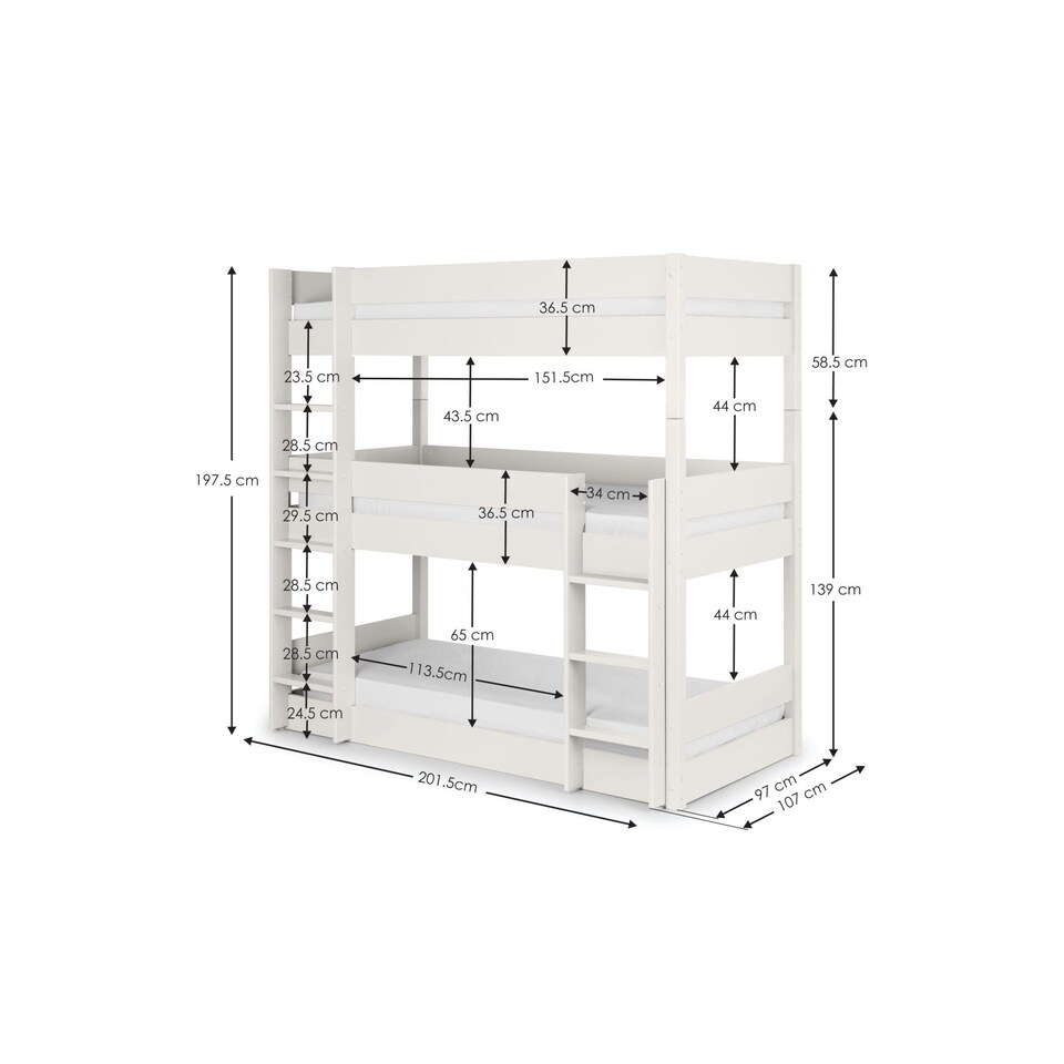 image 1 of Trio 90cm Single White 3 Tier Triple Bunk Bed