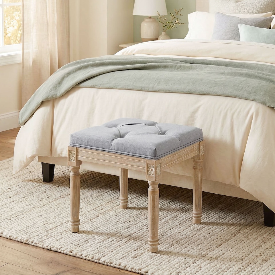 image 1 of HOMCOM Vintage Foot Stool with Wood Legs, Light Grey | Grey | Light Grey