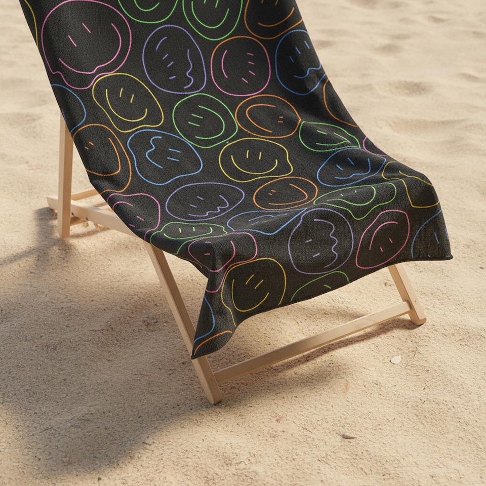 image 1 of OHS Print Beach Towel Bath Travel Quick Dry Microfibre Absorbent | Black | Smiley Faces | One size