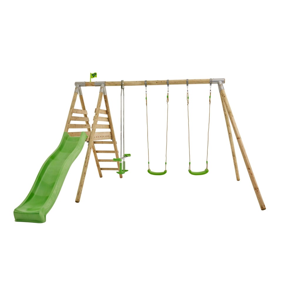 image 1 of TP Knightswood Triple Wooden Swing & 8ft Slide Set