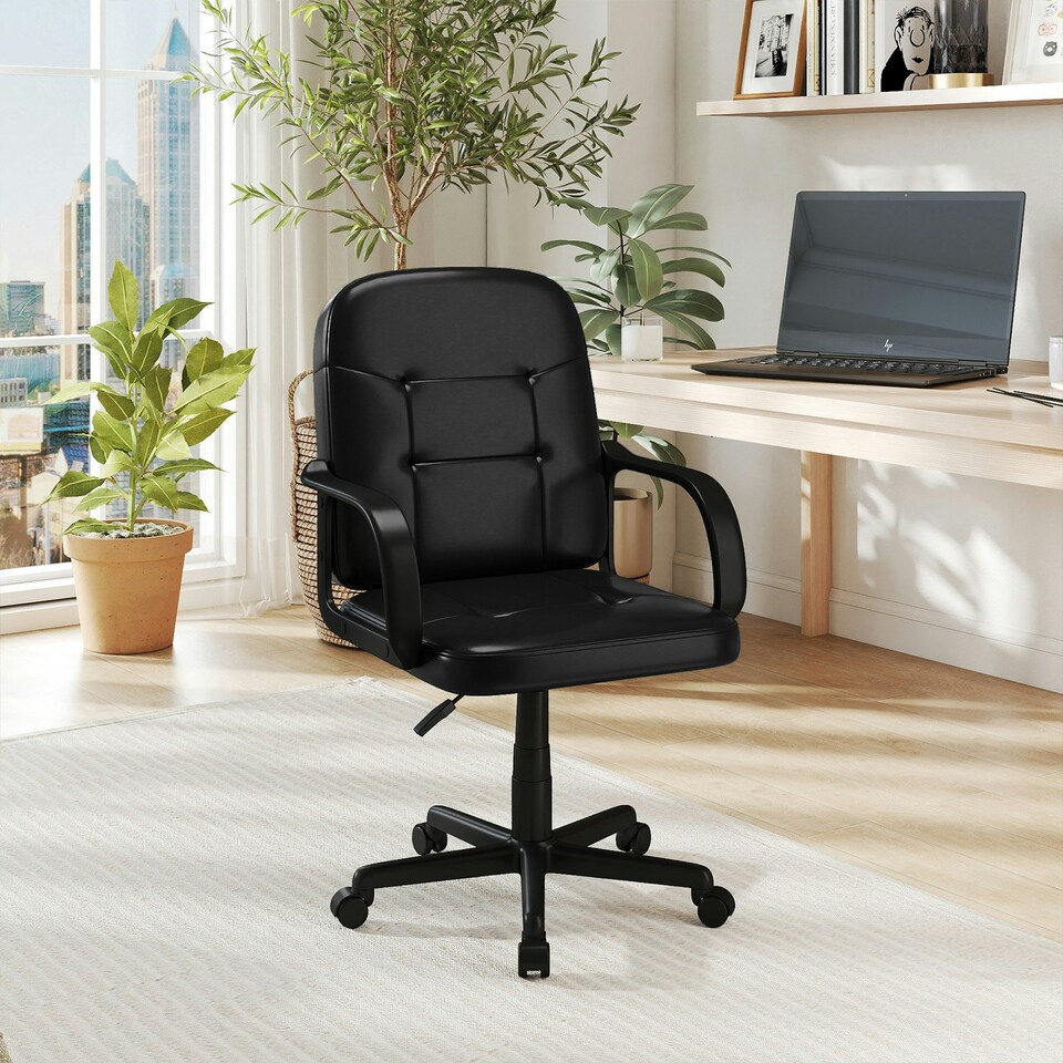 image 1 of COSTWAY Leather Office Chair PU Upholstered Swivel Chair Black