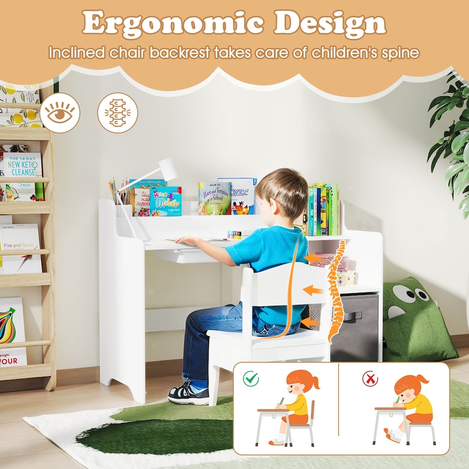 image 1 of COSTWAY Kids Study Desk and Chair Set Children Table White