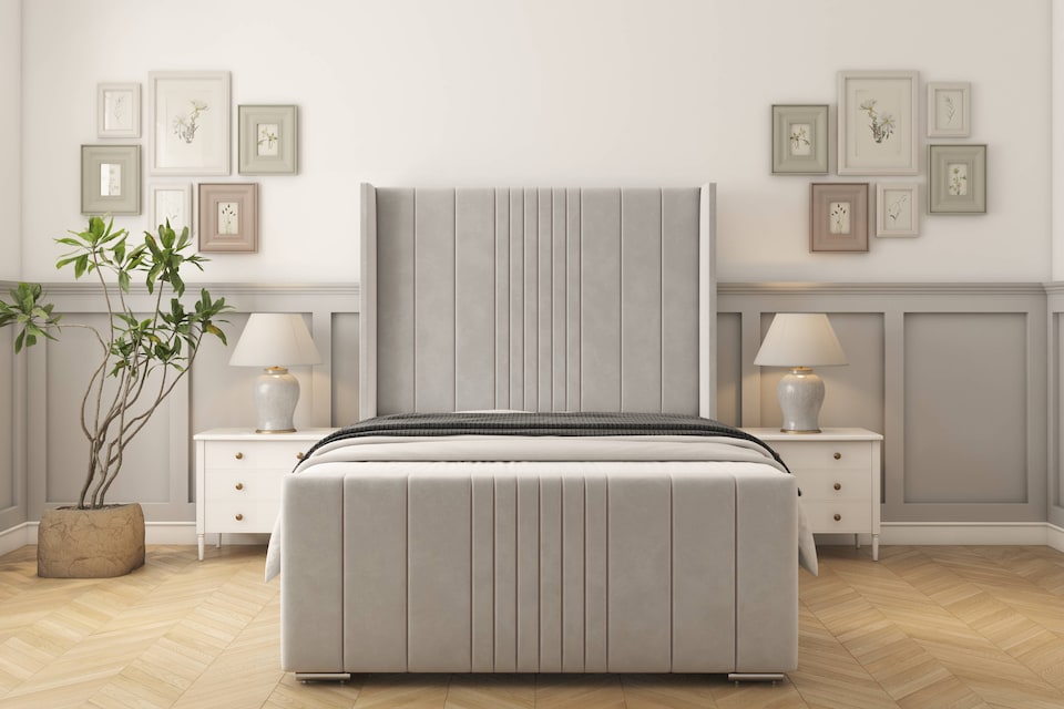 image 1 of Sloomy Hargrave Silver Plush Bed Frame With 50"  Upholstered Wingback Headboard 5' King