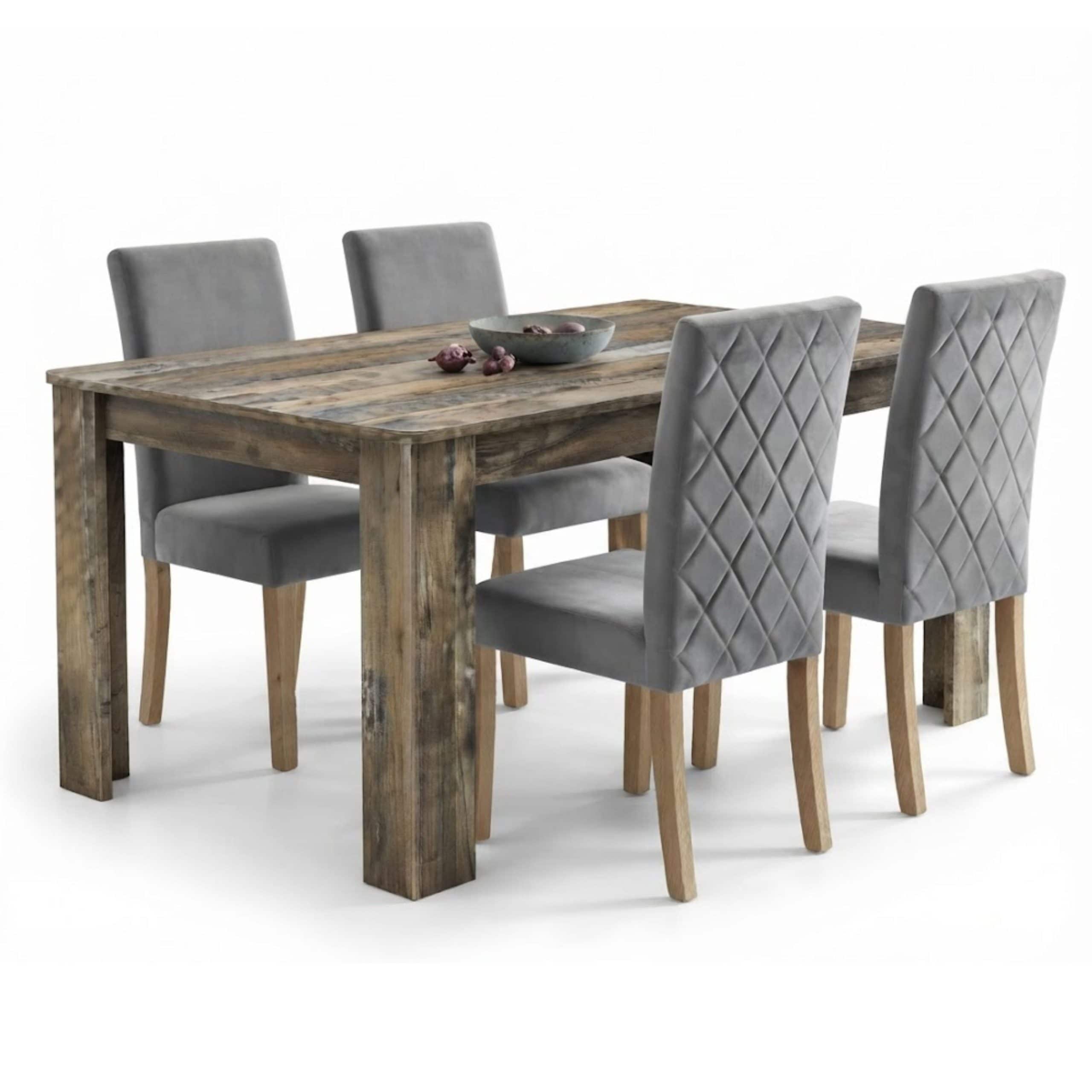 Grey Diamond Stitch Velvet Dining Chairs with Wooden Legs and Rustic Wood Effect Table 4 Seater Set