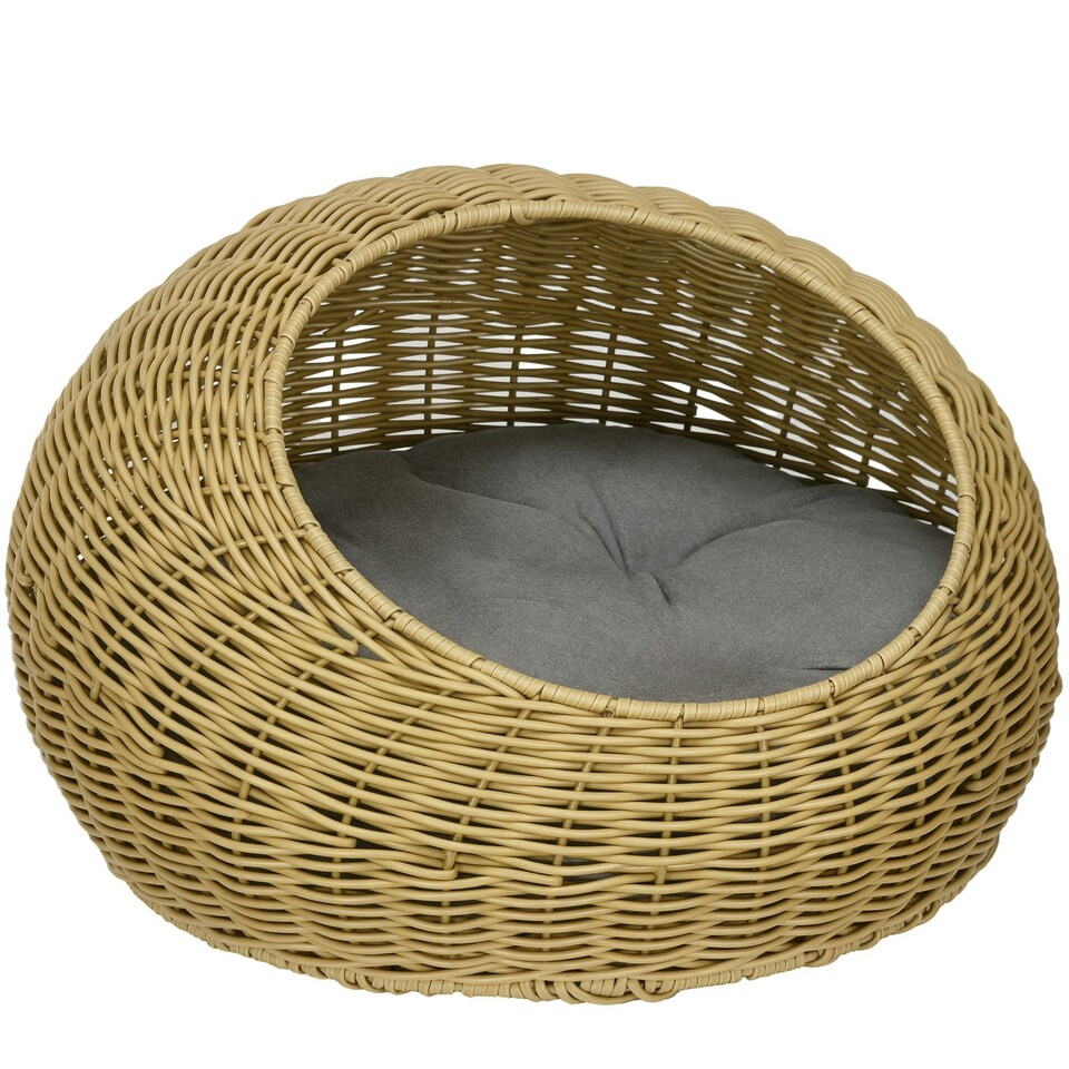image 1 of PawHut Wicker Cat House with Washable Cushion for Indoor Cats, Light Brown