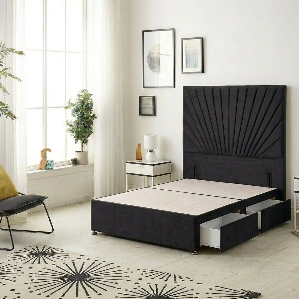 image 1 of Sunburst Divan Bed with 4 Drawers & 54'' Floor Standing Headboard Plush Velvet | Black | Black
