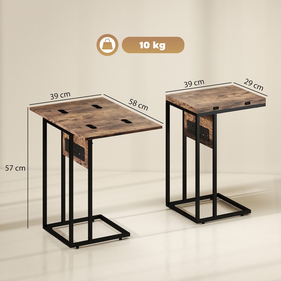 image 1 of HOMCOM C Shaped Side Table, Industrial Bedside Table with Charging Station, Foldable Top and Metal Frame for Living Room, Bedroom, Rustic Brown
