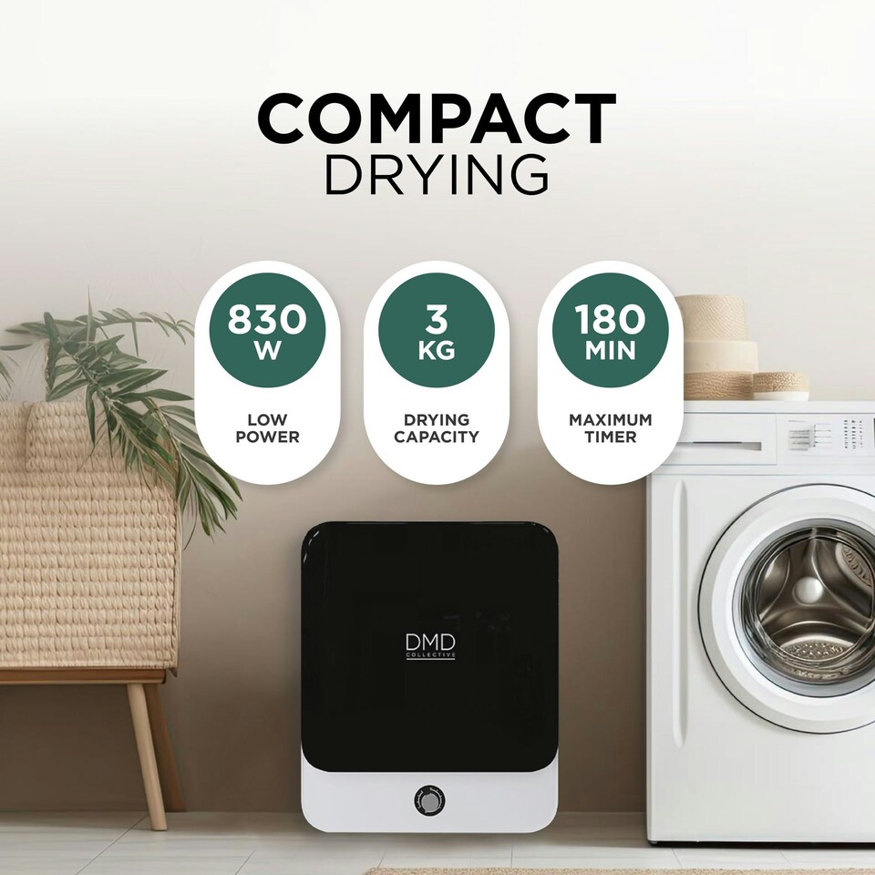 image 1 of DMD 3kg Mini Compact Vented Tumble Dryer, 3 Temperature Settings, Countertop or Wall Mounted, 180mins Timer, Stainless Steel Tub