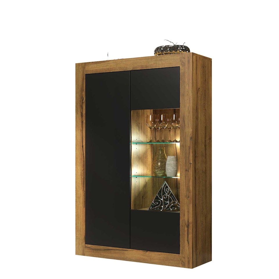 image 1 of Display Cabinet Sideboard Storage Unit Oak Matt Body Black Matt Doors Glass Shelves Modern Cupboard 140cm