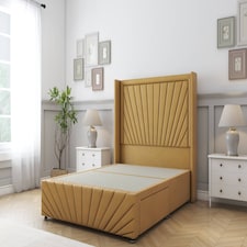 Sloomy Rutherford Mustard Plush Divan Bed Base No Drawers With 54 Inch Wingback Headboard & 12 Inch Matching Footboard | Gold | Mustard | Double | 1