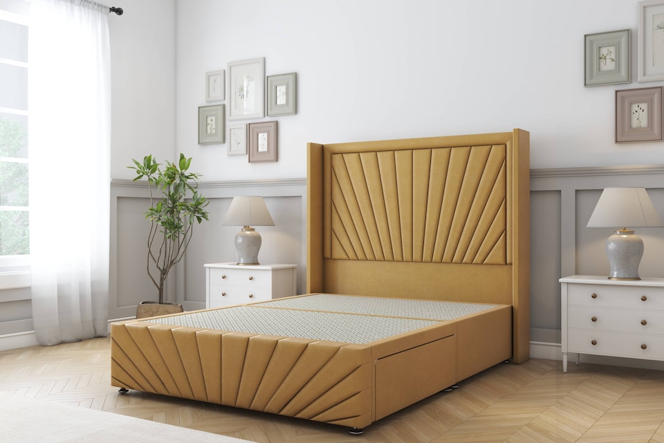 image 1 of Sloomy Rutherford Mustard Plush Divan Bed Base No Drawers With 54 Inch Wingback Headboard & 12 Inch Matching Footboard | Gold | Mustard | Double | 1