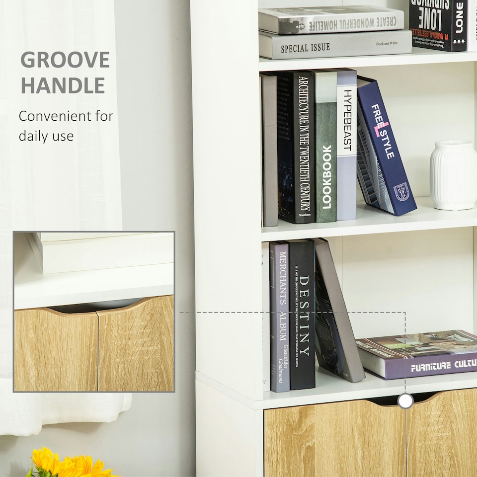 image 1 of HOMCOM 2 Door 4 Shelves Bookcase Wooden Storage Cabinet Display Unit White Oak
