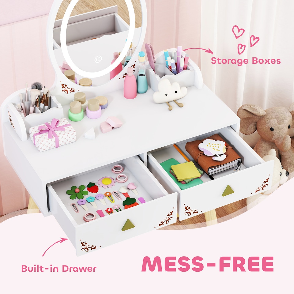 image 1 of AIYAPLAY Kids Vanity Table and Chair Set with 3-Colour LED Lights Mirror