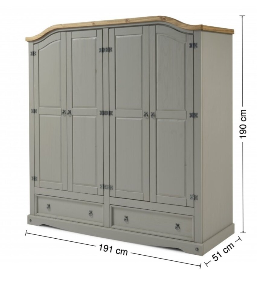 image 1 of Corona Grey Wax 4 Door 2 Drawer Arch Top Wardrobe Solid Wood Pine Wooden Large Bedroom Robe with Mexican Styling