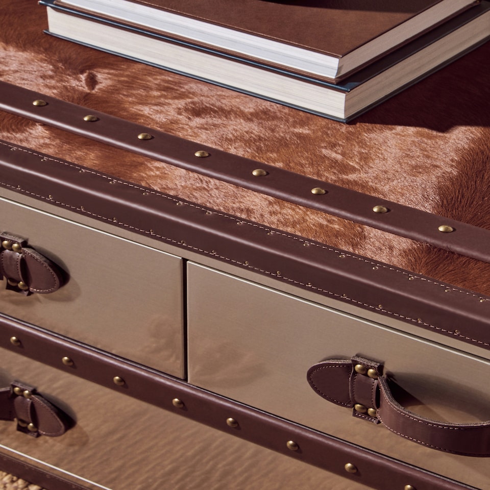 image 1 of Interiors By Premier Brown And White Genuine Cowhide Coffee Table,Rectangular Table With 3 Aluminium Plated Drawers,Center Table Brown