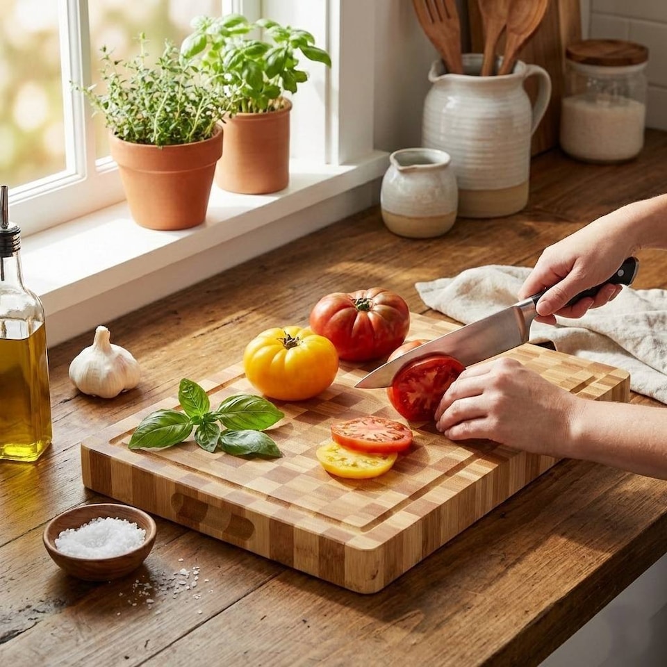 image 1 of Bamboo Butchers Block Chopping Board Chequered Cutting Board | Brown | Brown | 1
