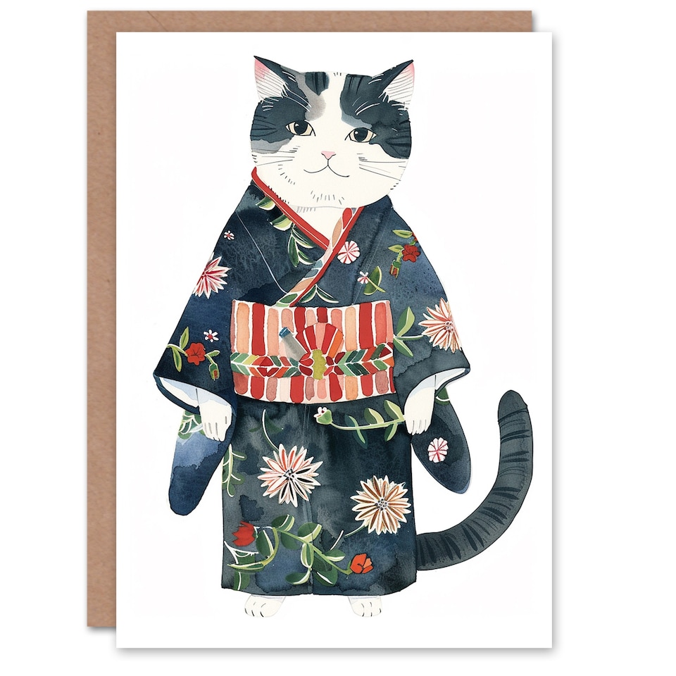 image 1 of Cat Lover Cute Pet in Blue Floral Japanese Kimono Birthday Card