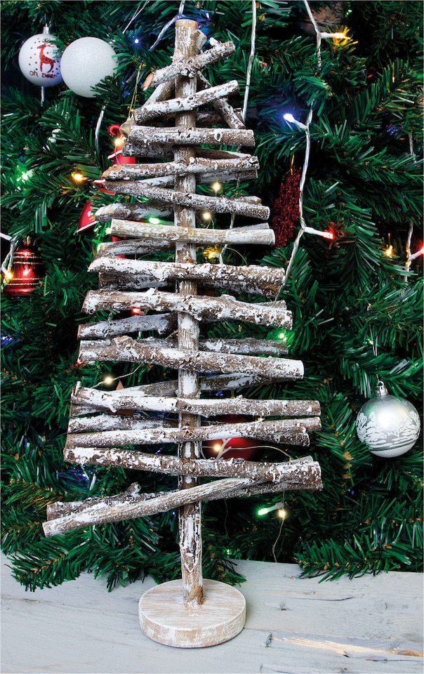 image 1 of BROWN WOODEN BIRCH Christmas TREE WHITE SNOW