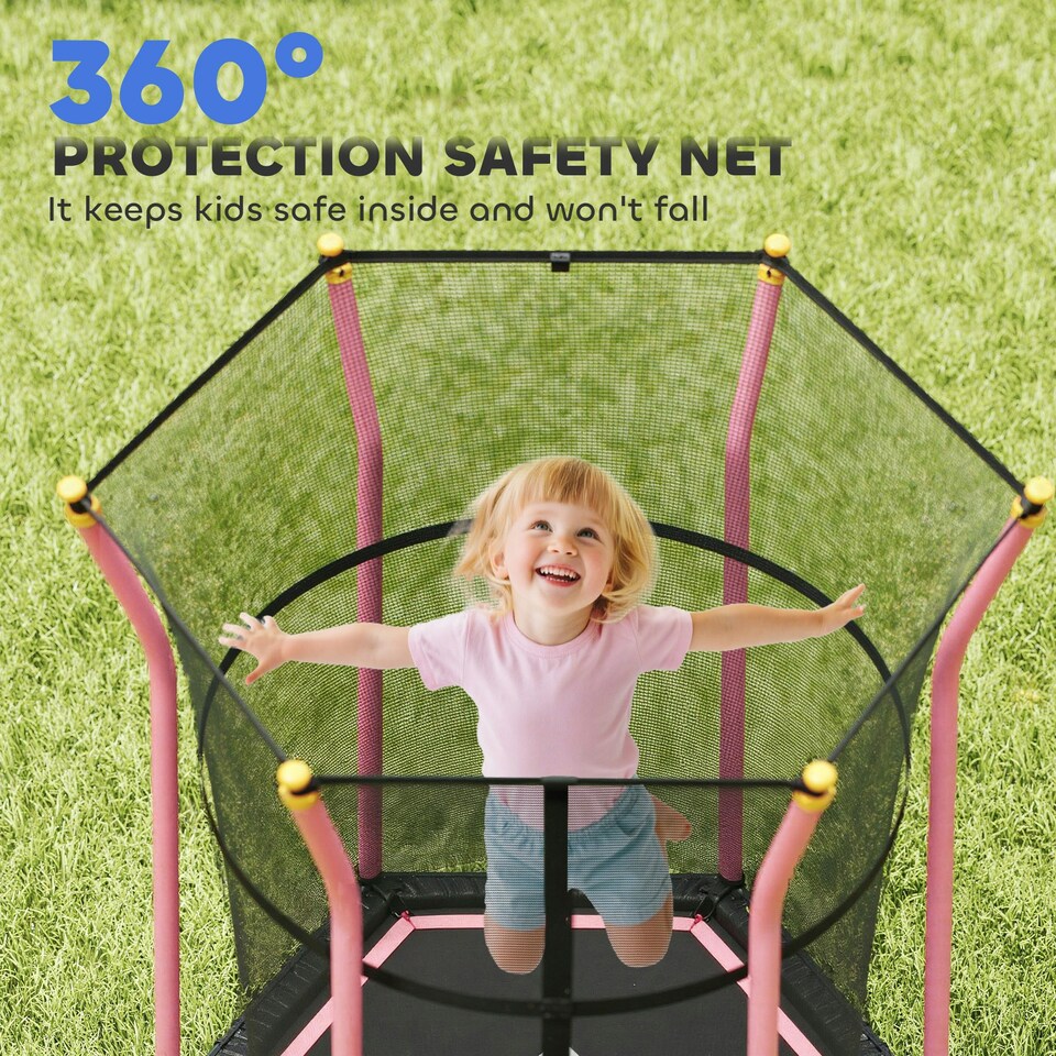 image 1 of HOMCOM 5.4FT Kids Trampoline With Enclosure Indoor Outdoor, Pink