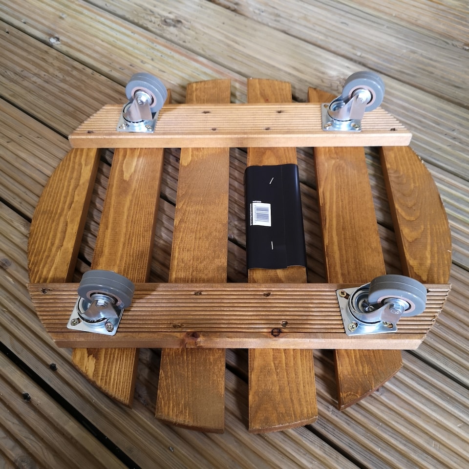 image 1 of Tom Chambers Handcrafted Heavy Duty Round Traditional Wood Garden Patio Plant Flower Pot Stand Caddy Trolley Dolly on Strong Metal Castor Wheels Large 50cm | Brown | Brown