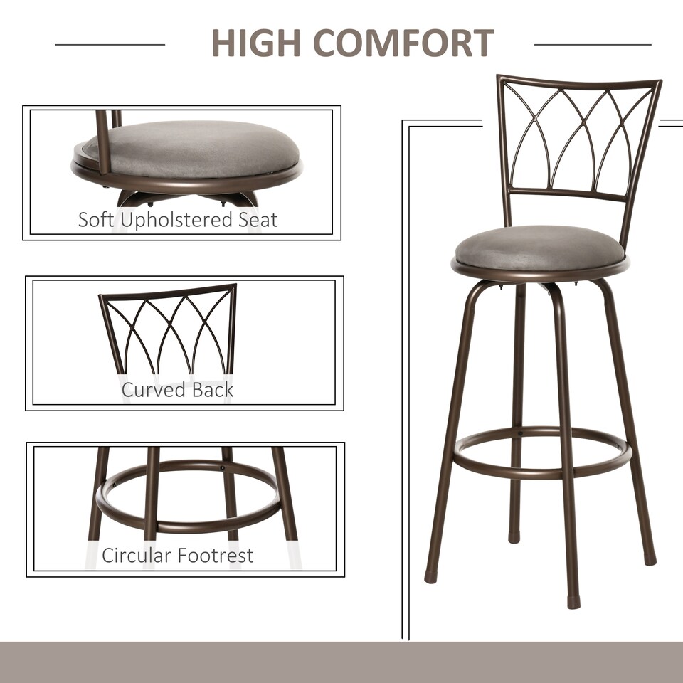 image 1 of HOMCOM Set of 2 Bar Chairs Swivel Armless Upholstered Metal Frame Barstools with Backrest & Footrest, Bronze