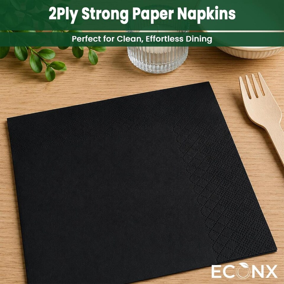 image 1 of ECONX Black 2 Ply 4 Fold Paper Napkins Tissue Serviettes for Birthdays Weddings Parties 1000PK