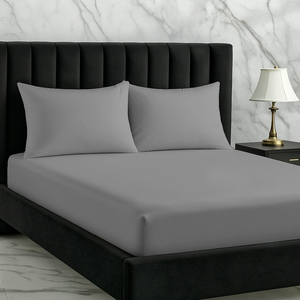 image 1 of Microfibre Soft Touch Fitted Sheet 25cm Skirt Plain Dyed Bed Linen Grey | Grey | King