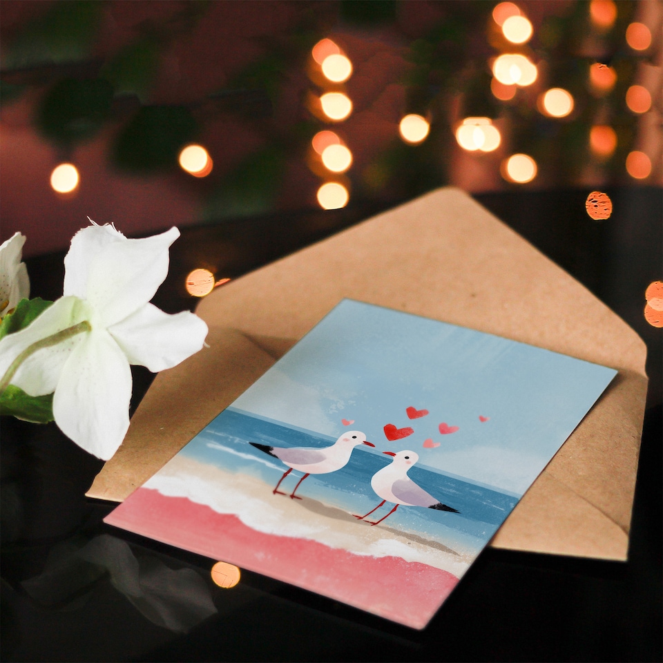 image 1 of Seabird Sweethearts Seagulls on Sandy Beach Valentine's Day Card