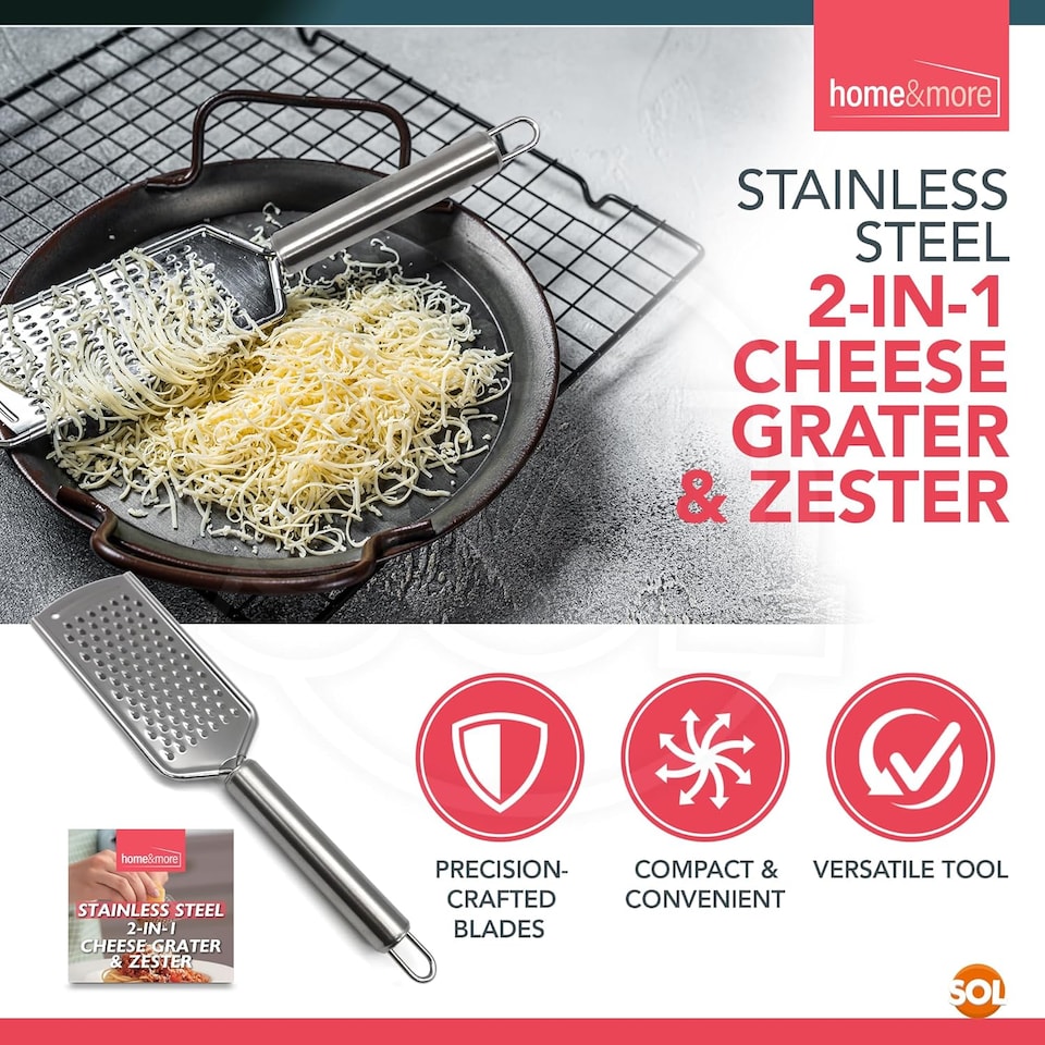 image 1 of Stainless Steel 2-in-1 Cheese Grater & Zester – Handheld Grater for Cheese, Chocolate, Ginger & Citrus, Durable Flat Kitchen Too