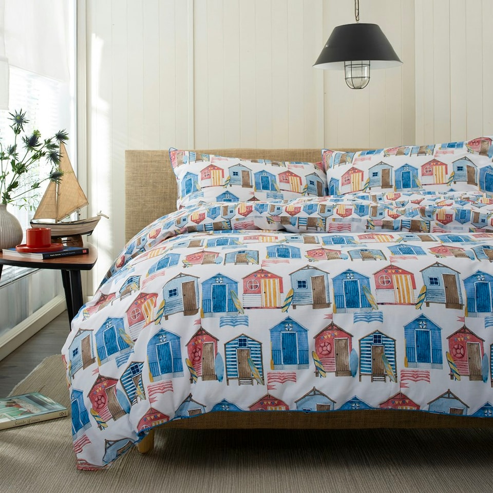 image 1 of Queens Parade 100% Cotton Duvet Set with Vibrant Beach Hut Print and Piped Edging Multi | White | King