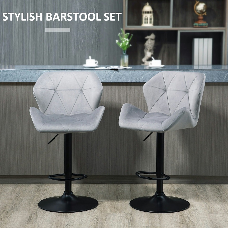 image 1 of HOMCOM Set Of 2 Luxurious Velvet-Touch Bar Stools Metal Frame Footrest Grey