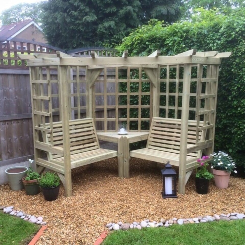 image 1 of Clementine Corner Garden Arbour - 4 Seat, Timber Pergola - 2 Bench & Coffee Table - L150 x W290 x H205 cm - Min. Assembly Required