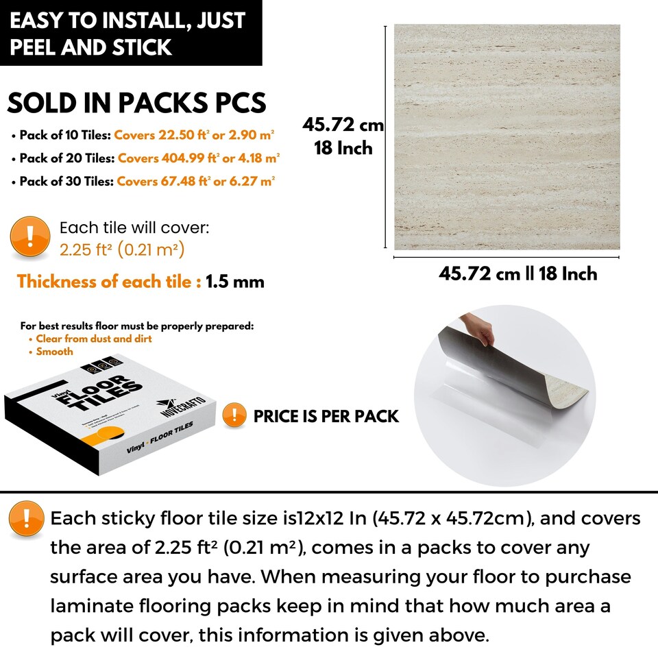 image 1 of NOVECRAFTO Vinyl Floor Tile – Self Adhesive 18x18 in – Travertine Dune – Peel & Stick for Kitchen, Bathroom & Living Room – Waterproof & Easy DIY Brown | 6.27 sqm